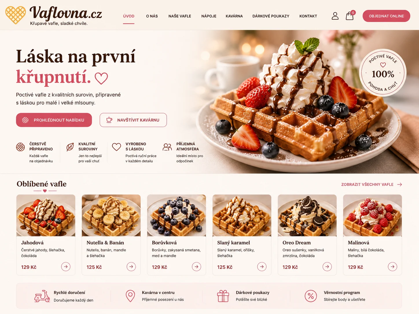 Ilustrační návrh Vaflovna.cz s vaflemi a krémově růžovým webem